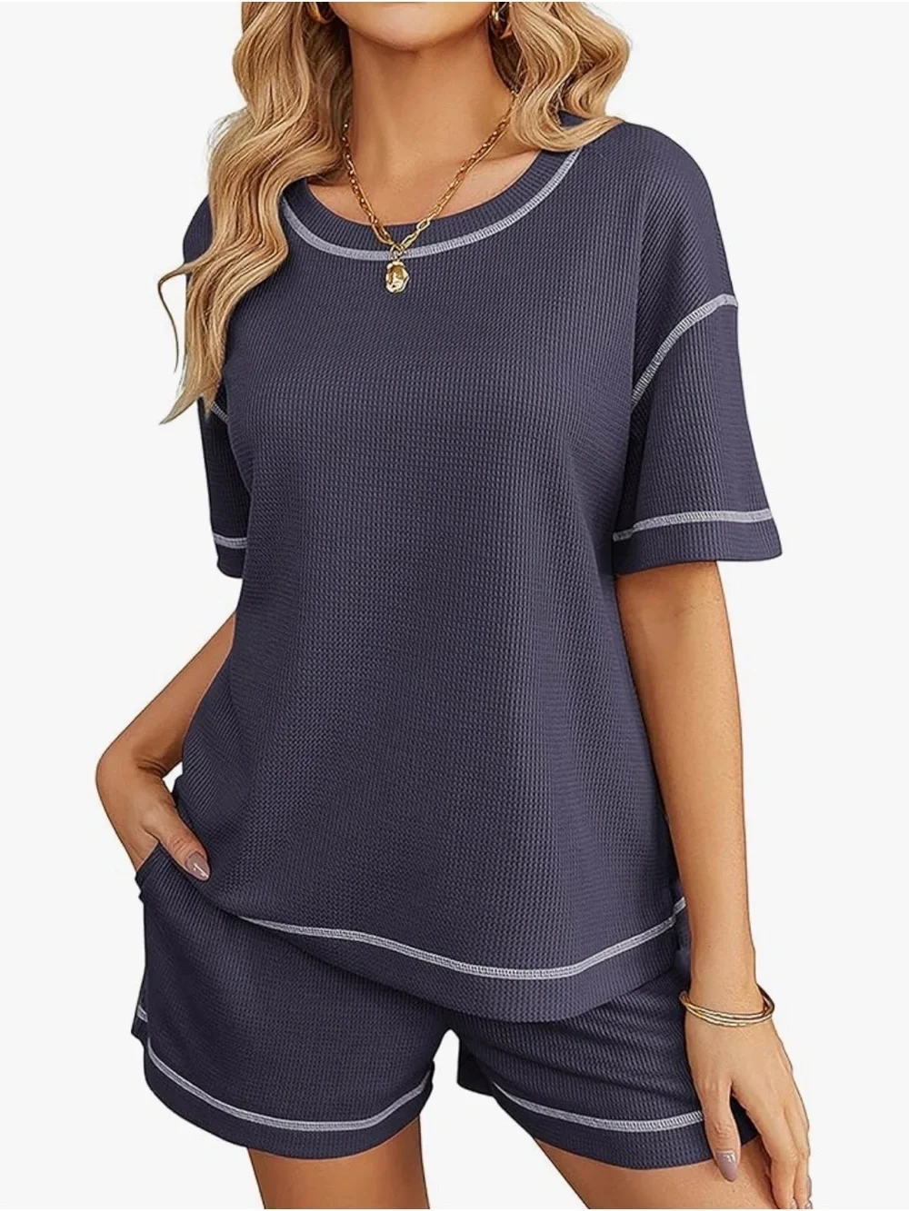 Casual Waffle Knit Navy Short Set with Contrast Trim size M